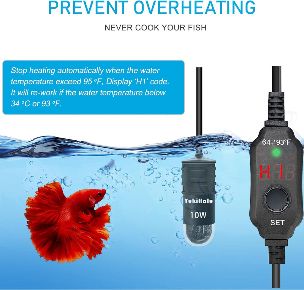 YukiHalu USB Powered Aquarium Heater, 10W Adjustable Mini Fish Tank Heater with External Temperature Controller, LED Display, Used for 0.5-1 Gallon Tank (10W USB Adapter)