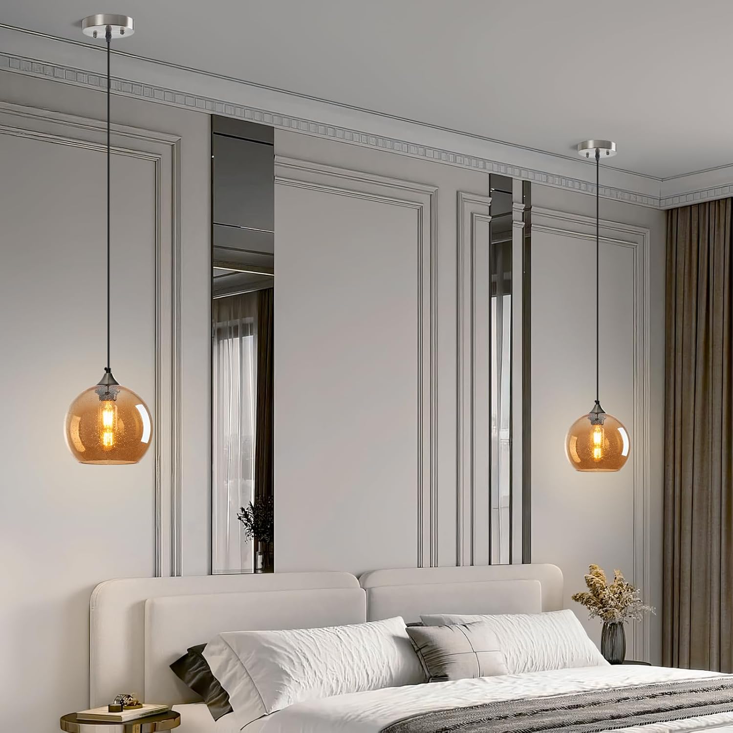 Amber Glass Pendant Lights Kitchen Island Lighting Globe Pendant Light Fixtures Modern Pendant Lighting for Bedroom Living Dining Room Light Fixture (7.87 in, 3 Pack)