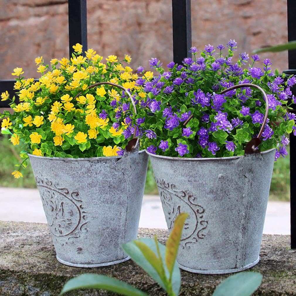 24 Bundles Outdoor Artificial Flowers UV Resistant Fake Boxwood Plants, Faux Greenery for Indoor Outside Hanging Plants Garden Porch Window Box Home Wedding Farmhouse Décor (Purple)
