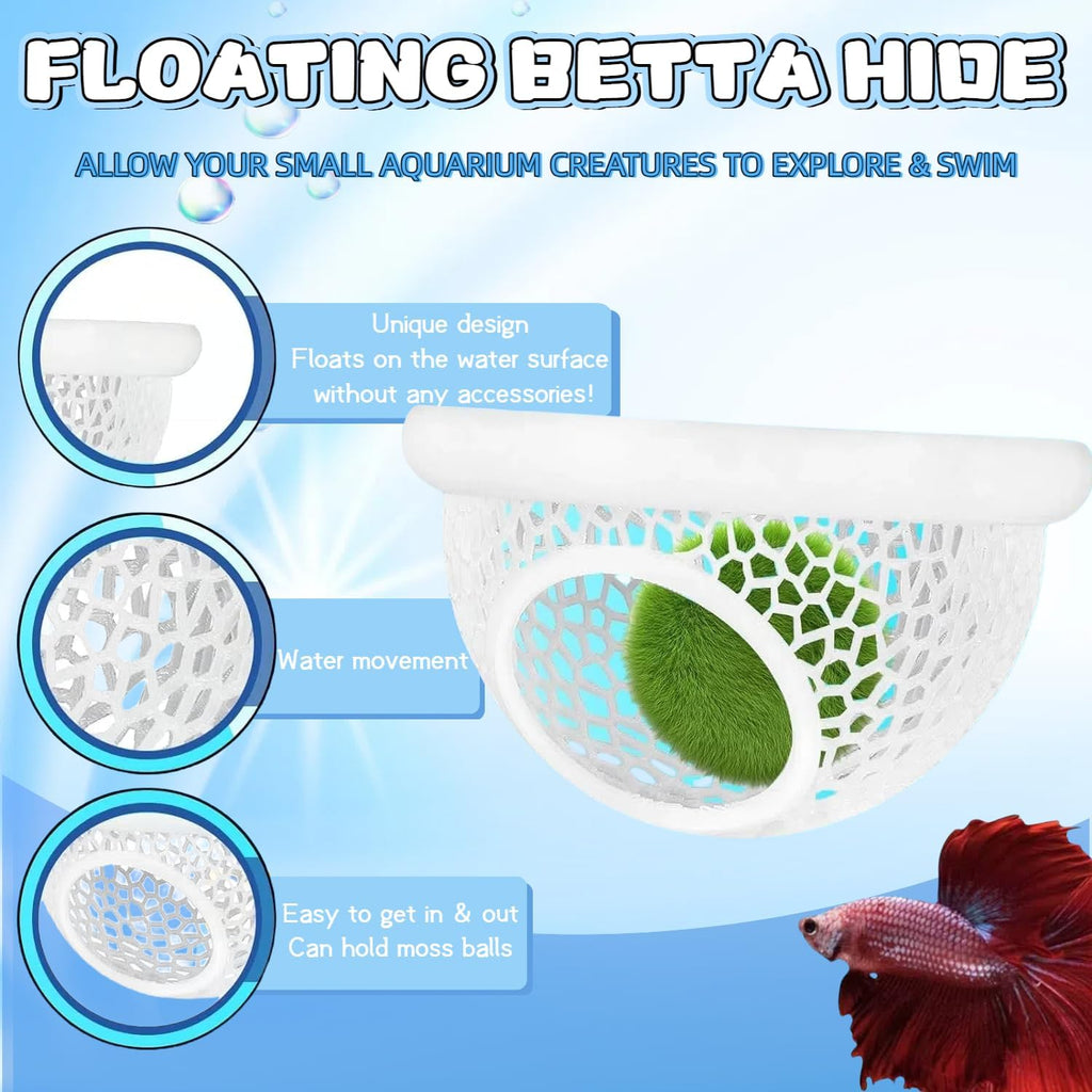 Floating Betta Hide & Shrimp Tank Accessories: 3D Printed Aquarium Decor, Multi-Functional Betta Hammock and Feeding Ring, Stress-Free Resting Spot for Small Fish Tank,Small White