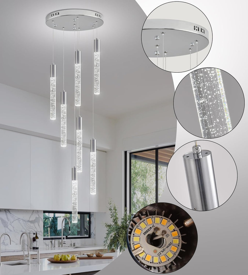 Modern High Ceiling Crystal Chandelier 7-Lights, Spiral LED Raindrop Foyer Pendant Lighting, Bubble Staircase Living Room Hanging Light Fixture Flush Mount Chrome
