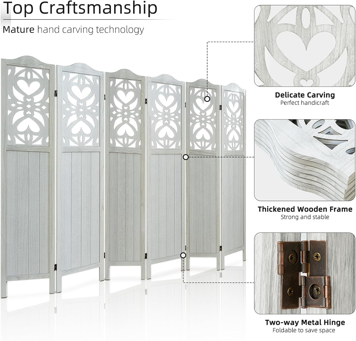 6 Panel Room Divider Wall, 5.6Ft Tall Room Divider Panel and Folding Privacy Screen, Portable Carved Partition Screen, Wall Divider for Room Separation Bedroom Home Office - Light Gray