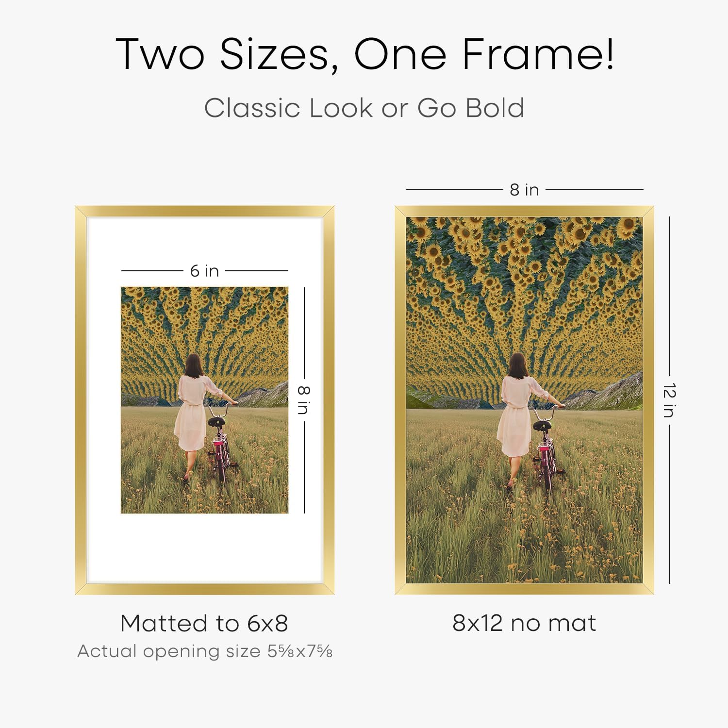 Homeforia 8x12 Picture Frame Gold, High End Metal 8 x 12 Poster Frames with Mat 6 by 8 for Photo, 12x8 Frame Matted to 6x8 inch Print, 8by12 Wall or Tabletop Frames, Tempered Glass, Wall Kit, Set of 2
