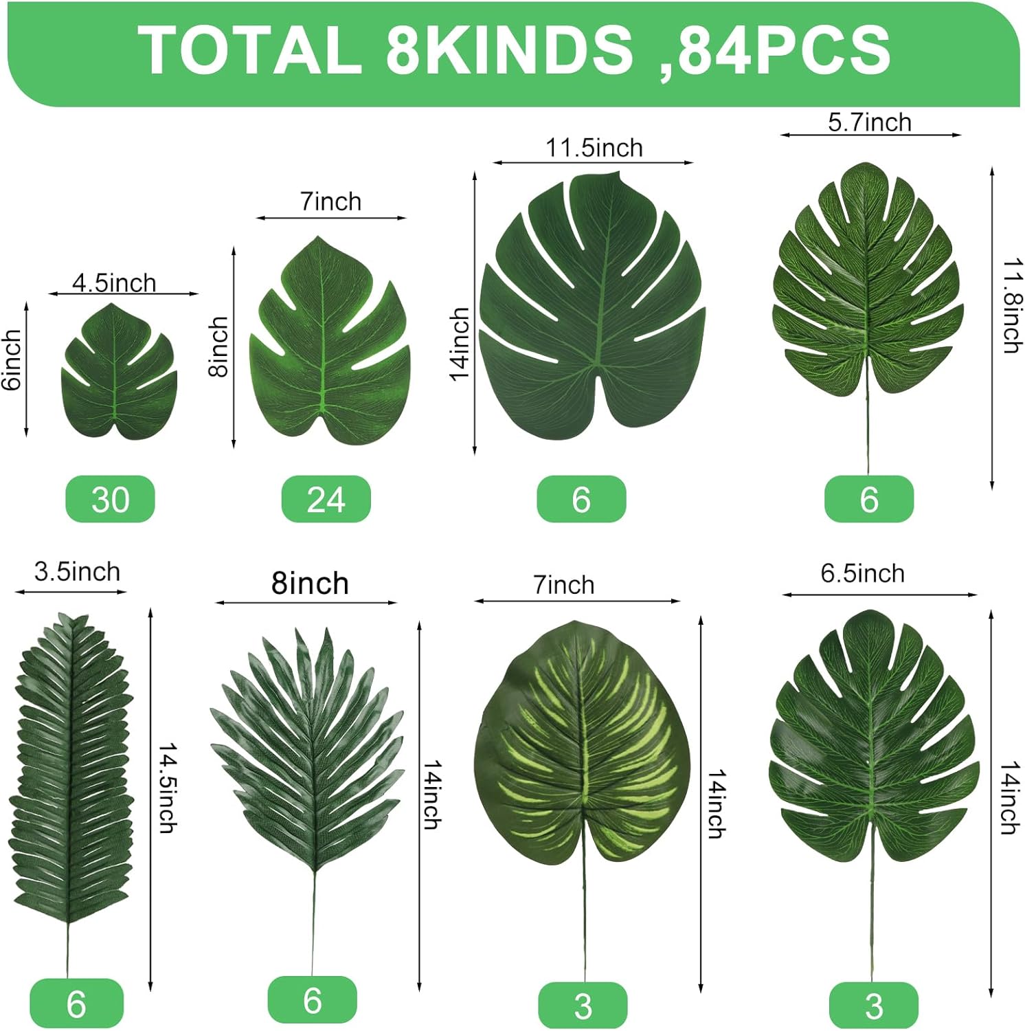 84 Pieces 8 Kinds Artificial Tropical Palm Leaves Safari Jungle Leaves with Stems Leaf Decorations for Hawaiian Luau Party Beach Baby Shower Birthday Theme Table Wedding Decorations