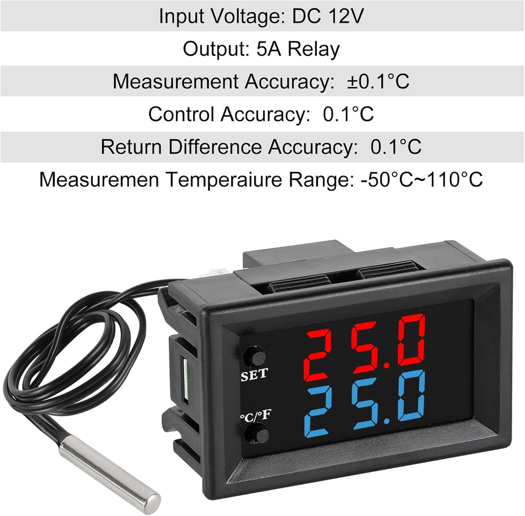 1PCS Digital Thermostat Controller -58F to 230F Programmable Heating Cooling Switch 12V DC with Waterproof NTC Sensor Dual Color LED Display for HVAC Aquarium