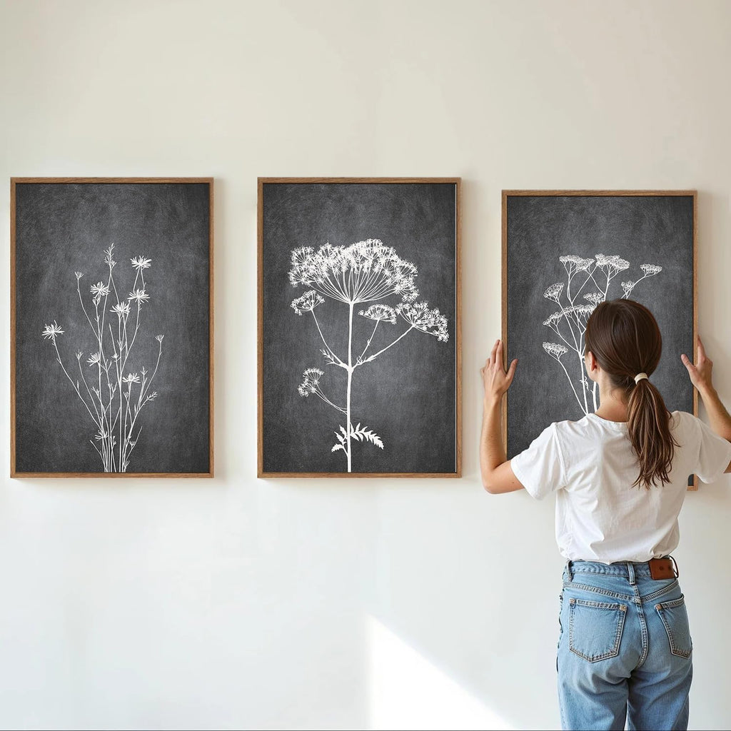 Tinonedraw Black and White Floral Framed Canvas Wall Art Set, Vintage Flower Wall Decor, Dark Academia Minimalist Botanical Art Paintings, Wildflower Art Print for Living Room Bedroom Office 16"x24"x3