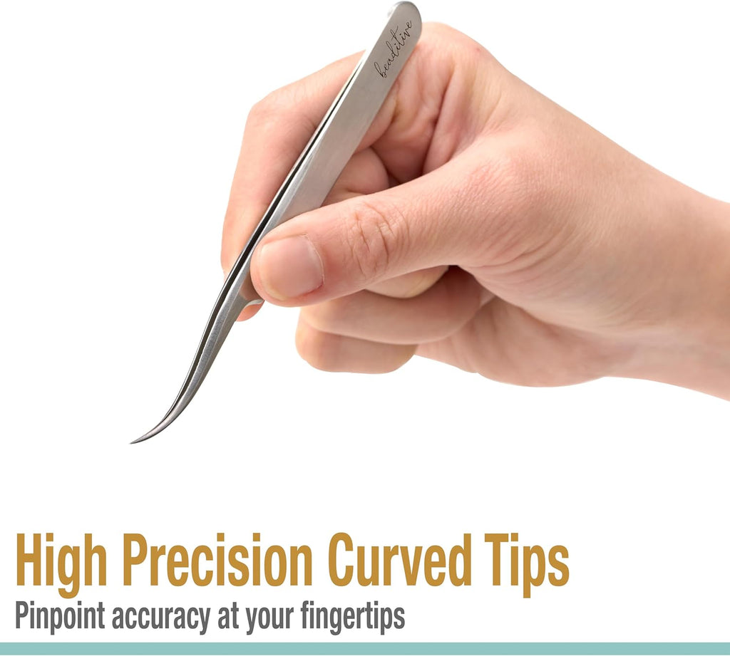 Beaditive High Precision Curved Tip Tweezers 3 Pack - 4.5" Craft Tweezers for Sewing, Beading & DIY Crafts - Non-Serrated Jewelry Tweezer Set with Fine Curved Tips - Stainless Steel Hobby Tweezers