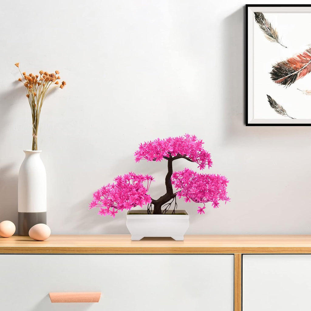 Mini Artificial Bonsai Tree Plants with Plastic Cement Pots for Home Office Décor(Pink)