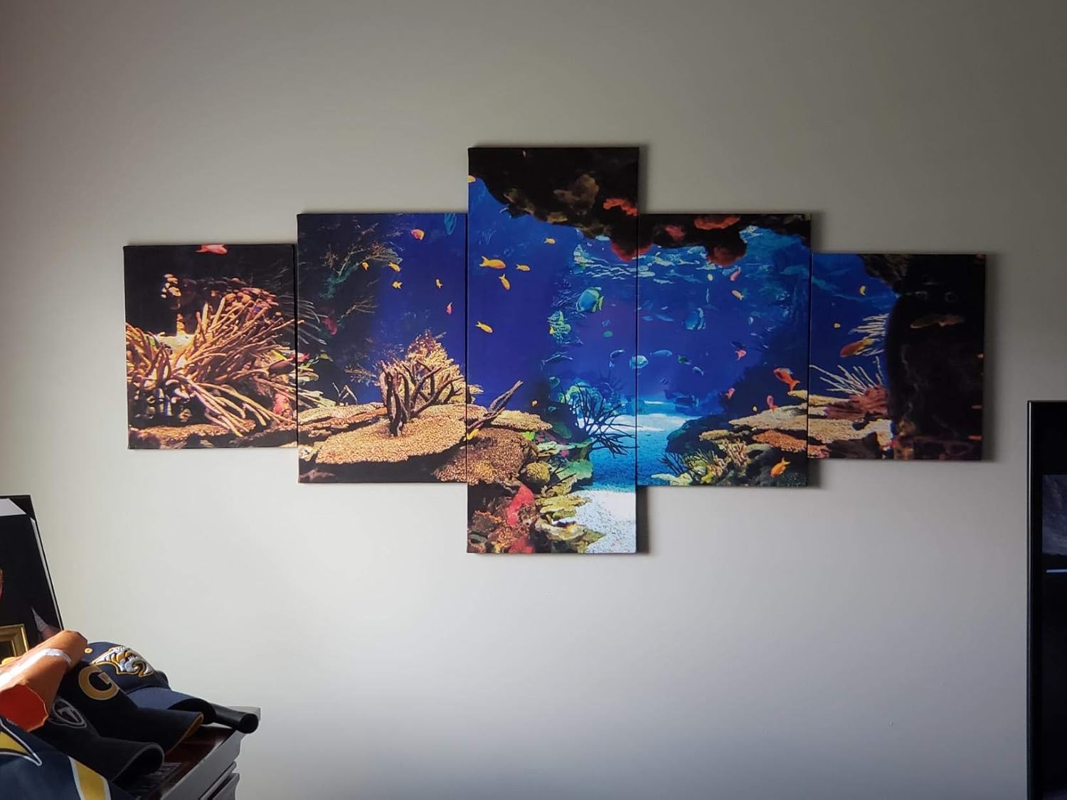 Coral Reef and Fish Paintings Underwater World Wall Art Undersea Pictures Home Decorations for Living RoomAquarium Artwork Gallery-Wrapped 5 Panel Prints on Canvas Framed Ready to Hang(60''W x 32''H)