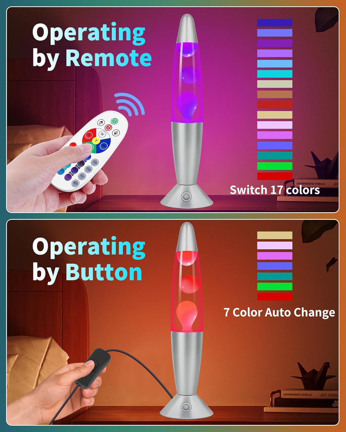 17 Colors Changing Liquid Motion Lamp with Remote: 13.5" Purple LED Night Light for Kids Adults - Relaxing Table lamp for Bedroom Office - Glitter Mood Lighting for Home Decor Christmas Decorations