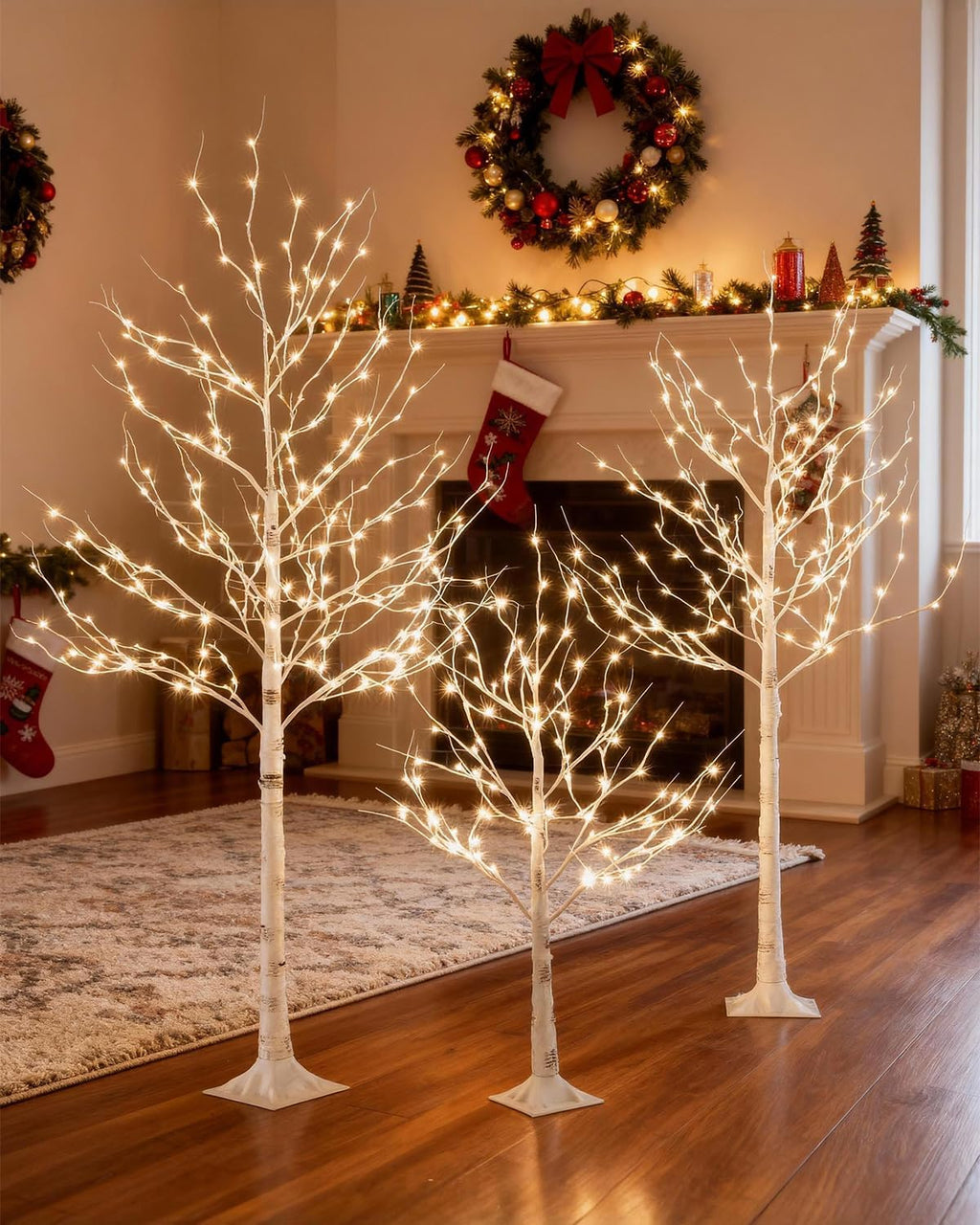 Lighted Birch Tree Set 4ft, 6ft and 8ft with 96/160/256 Warm White LED Lights for Holiday Decor - Realistic Design, UL Certified, Dimmable, Waterproof - Ideal for Indoor and Outdoor Decoration