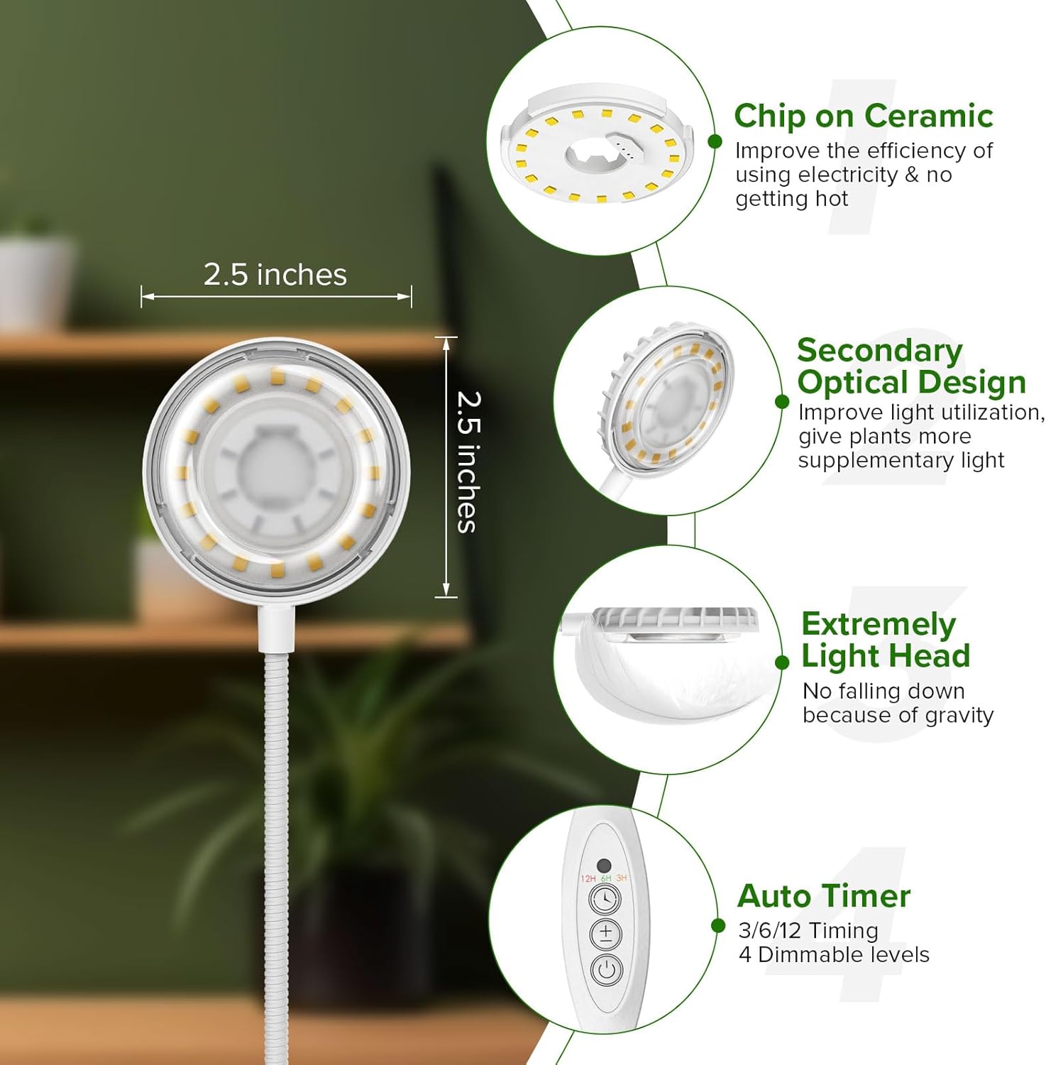 Grow Light, Full Spectrum LED Plant Light for Indoor Plants, 10W Clip On Growing Lamp with Auto On/Off Timer 3/6/12H, 4 Dimmable Brightness, Ideal for Indoor Growing