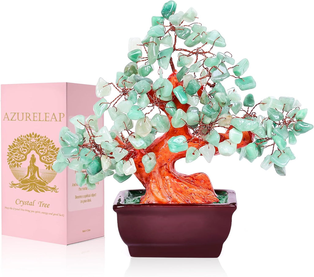Feng Shui Quartz Crystal Money Tree Bonsai Style Decoration for Luck and Wealth (Green)