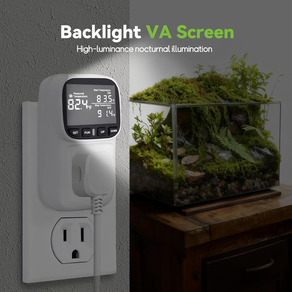 Digital Thermostat Outlet, Plug in Thermostat for Heater, Reptile & Greenhouse - 15A/1800W Temperature Controlled Plug with VA Display, Cyclic Timing/Countdown (-40°F~210°F), White
