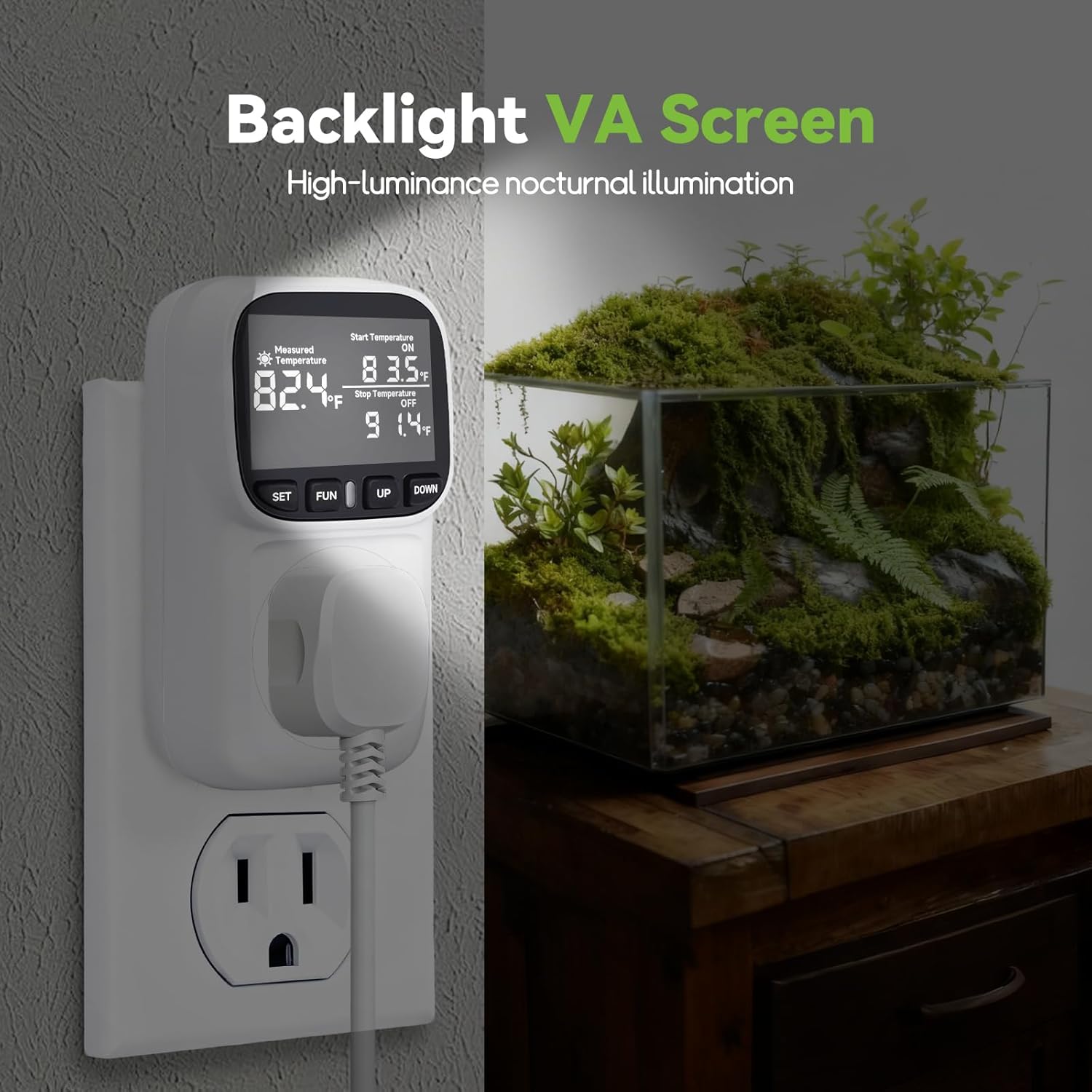Digital Thermostat Outlet, Plug in Thermostat for Heater, Reptile & Greenhouse - 15A/1800W Temperature Controlled Plug with VA Display, Cyclic Timing/Countdown (-40°F~210°F), White
