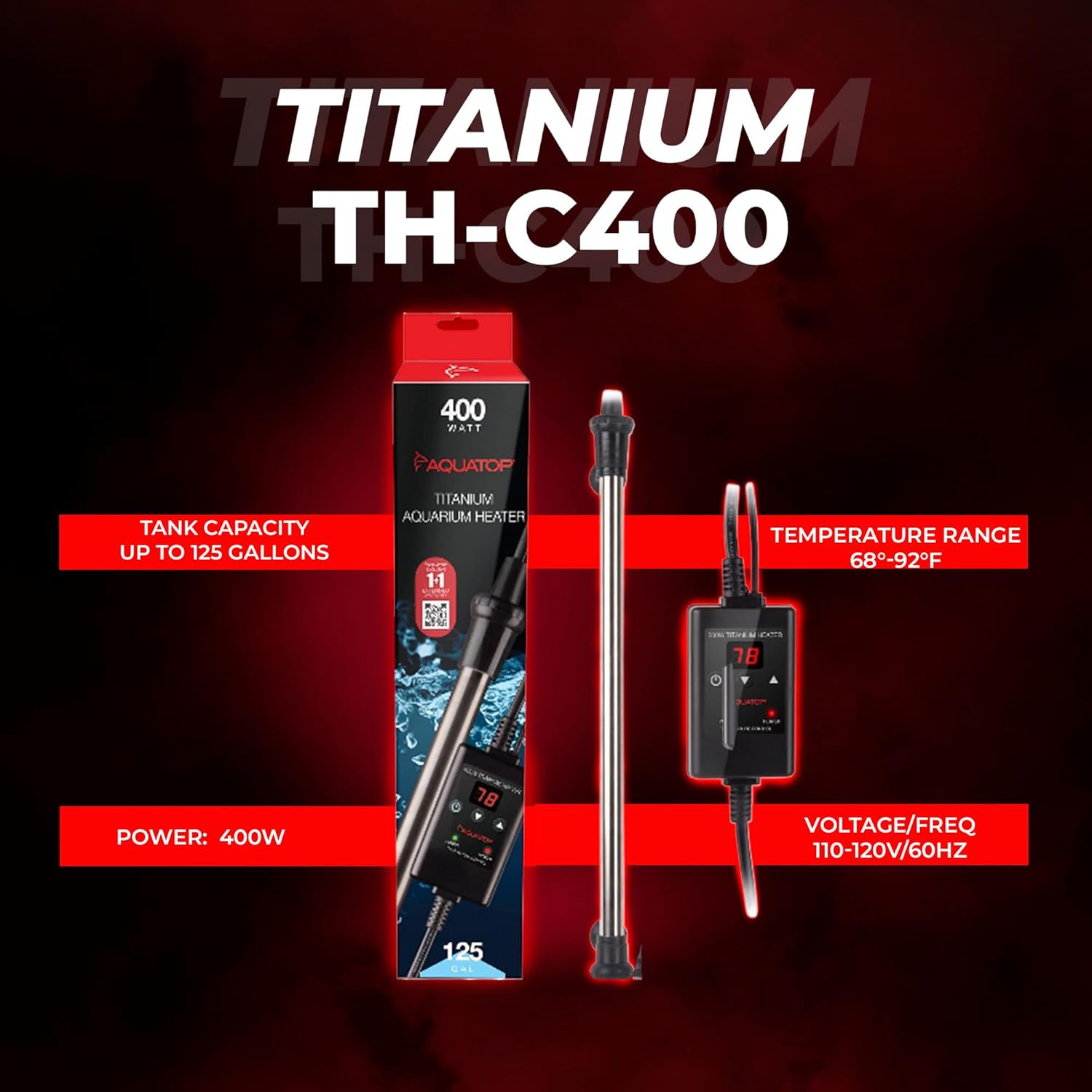 Aquatop 400W Titanium Heater with Controller – Fully Submersible - Up to 125 Gal – 68-92°F Adjustable Temperature – for Fresh and Saltwater – TH-C400