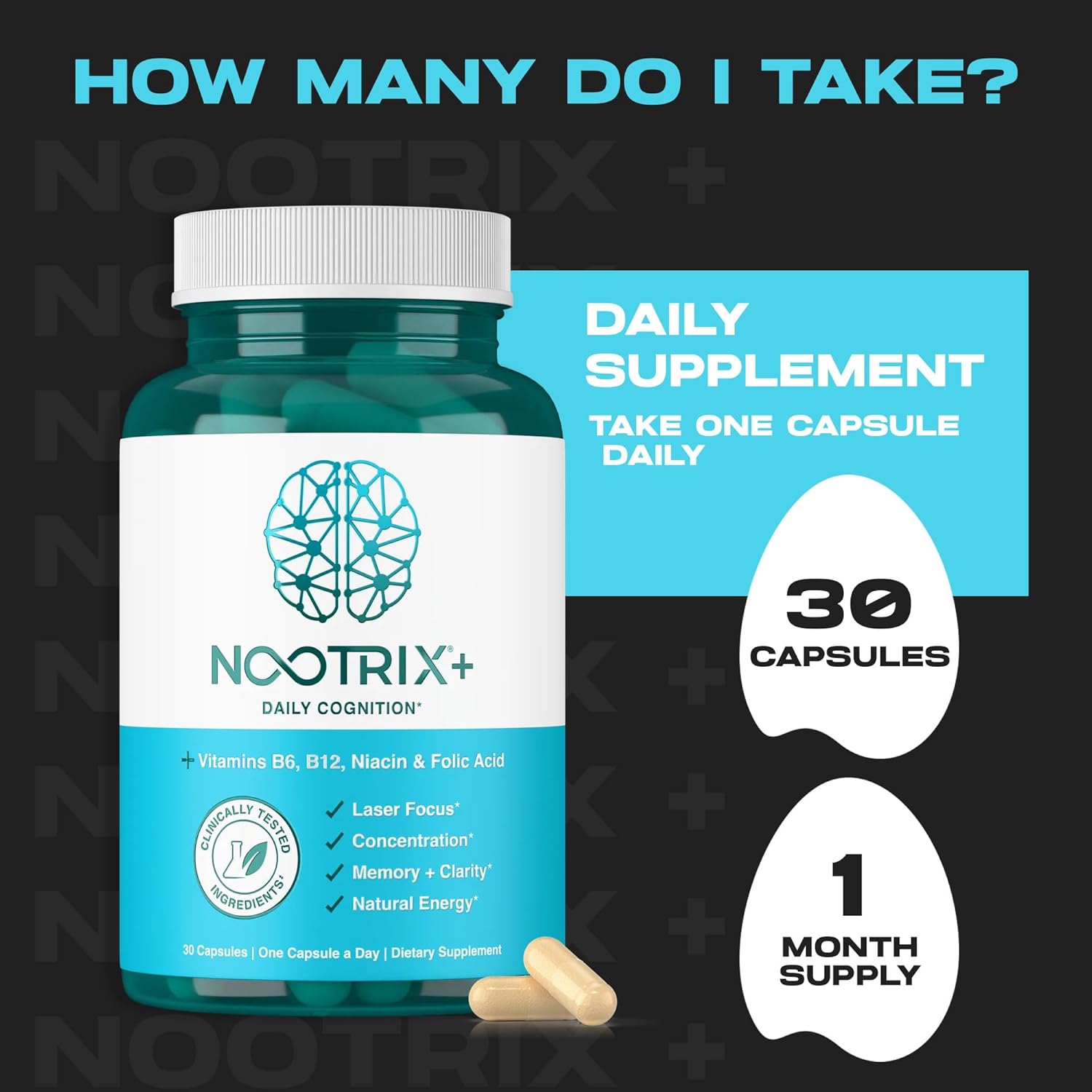 Nootrix Brain Plus Nootropic Supplement | Supports Memory, Mental Focus, Cognitive Health & Energy | Promotes Healthy Mood & Brain Function | Vitamin B1, Vitamin B6 & Vitamin B12 | 30 Capsules