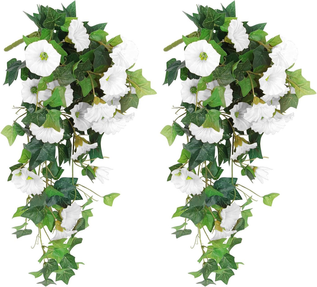 RECUTMS Artificial Fake Hanging Flowers Plants for Outdoor Decoration, 2 Pcs UV Resistant Faux Petunias Trailing Plants Realistic Flower Look Real for Door Wall Yard Porch Garden Planter (White)
