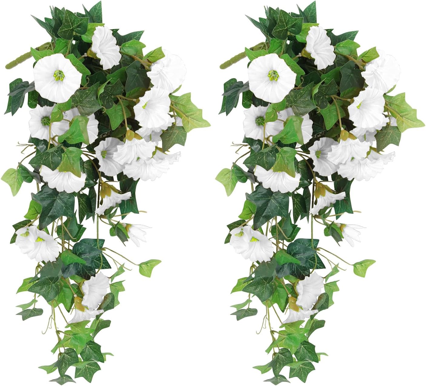 RECUTMS Artificial Fake Hanging Flowers Plants for Outdoor Decoration, 2 Pcs UV Resistant Faux Petunias Trailing Plants Realistic Flower Look Real for Door Wall Yard Porch Garden Planter (White)