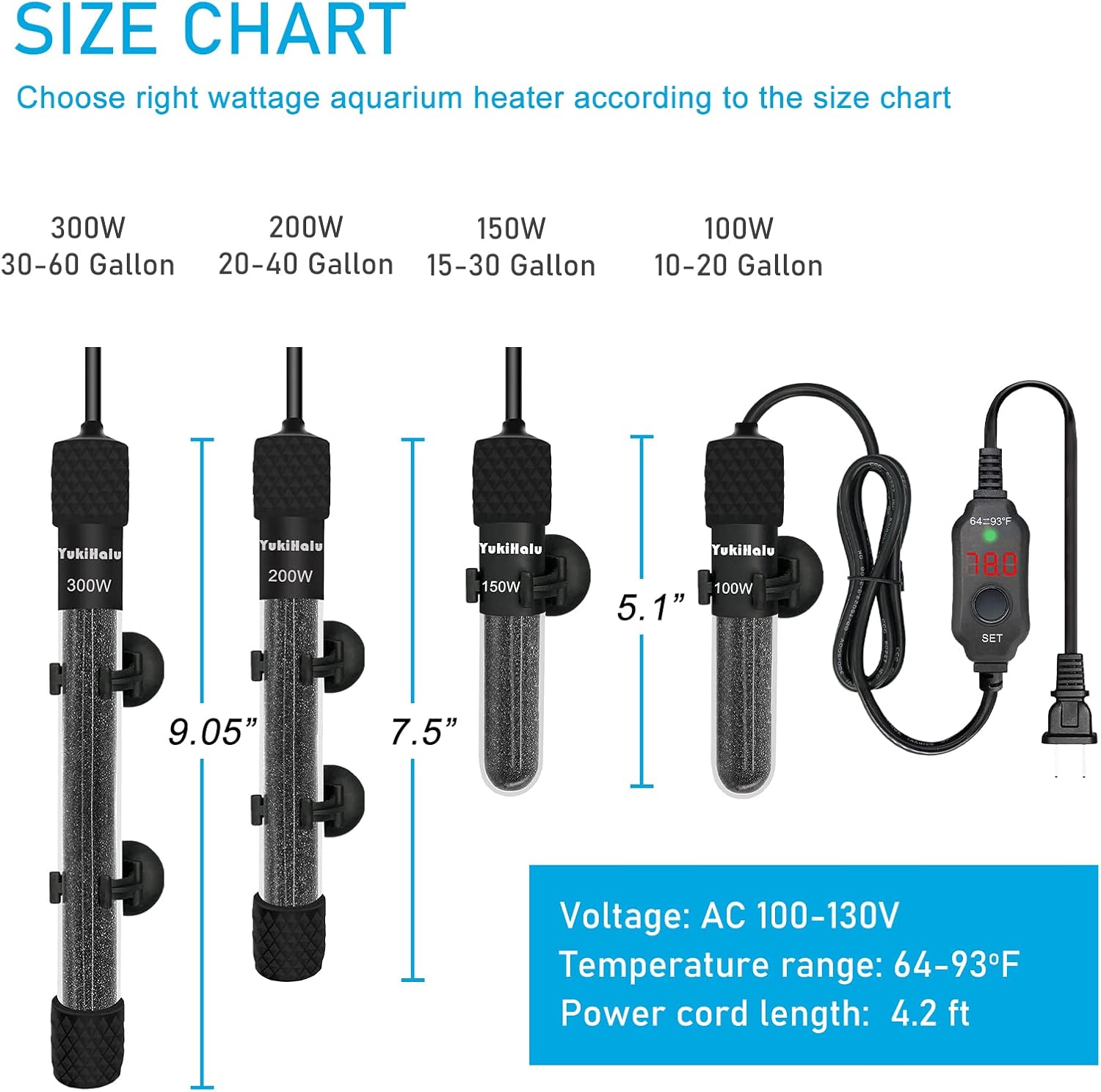 YukiHalu Submersible Aquarium Heater 100W 150W 200W, Adjustable Mini Fish Tank Heater, Small Size, Overheating Protection, External Controller, Used for 0.5-40 Gallons(150W)