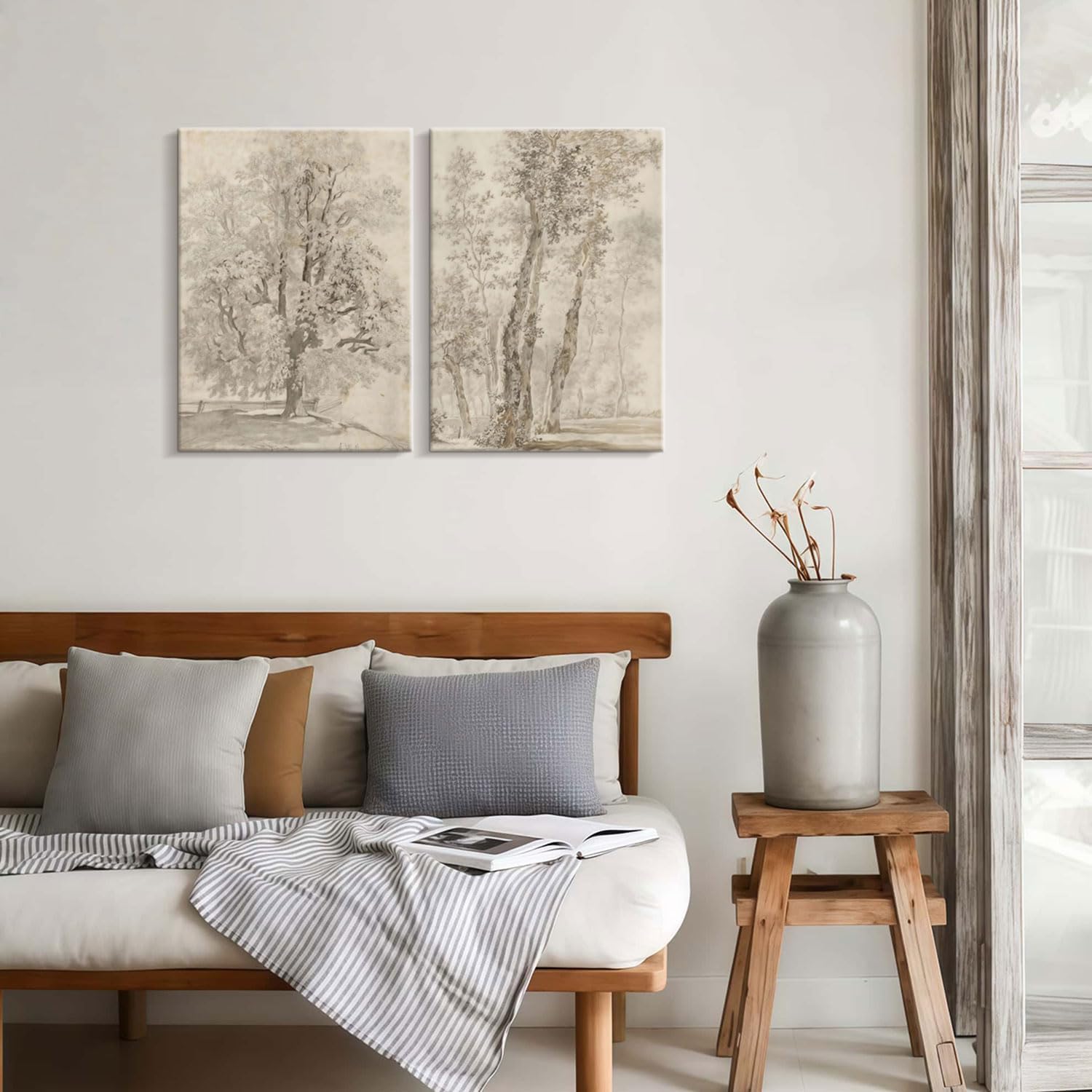 2pcs Framed Vintage Trees Canvas Landscape Sketch Wall Painting Plant Nature Picture Print Poster Rustic Nature Wabi Sabi Home Painting Bedroom Living Room Studio Decor 12x16 Inch Ready to Hang