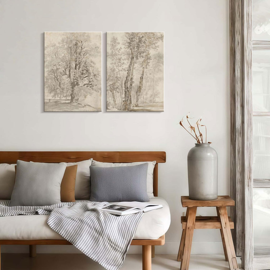 2pcs Framed Vintage Trees Canvas Landscape Sketch Wall Painting Plant Nature Picture Print Poster Rustic Nature Wabi Sabi Home Painting Bedroom Living Room Studio Decor 16x24 Inch Ready to Hang