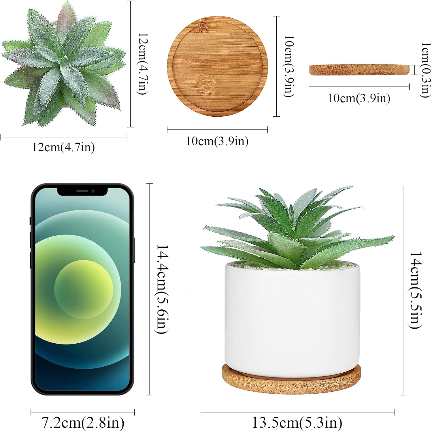 Hopewood Artificial Succulents Plant, Faux Agave Succulent Plant in Ceramic Pots with Bamboo Tray, Fake Potted Plants for Office Desk Living Room Decor(Set of 2)