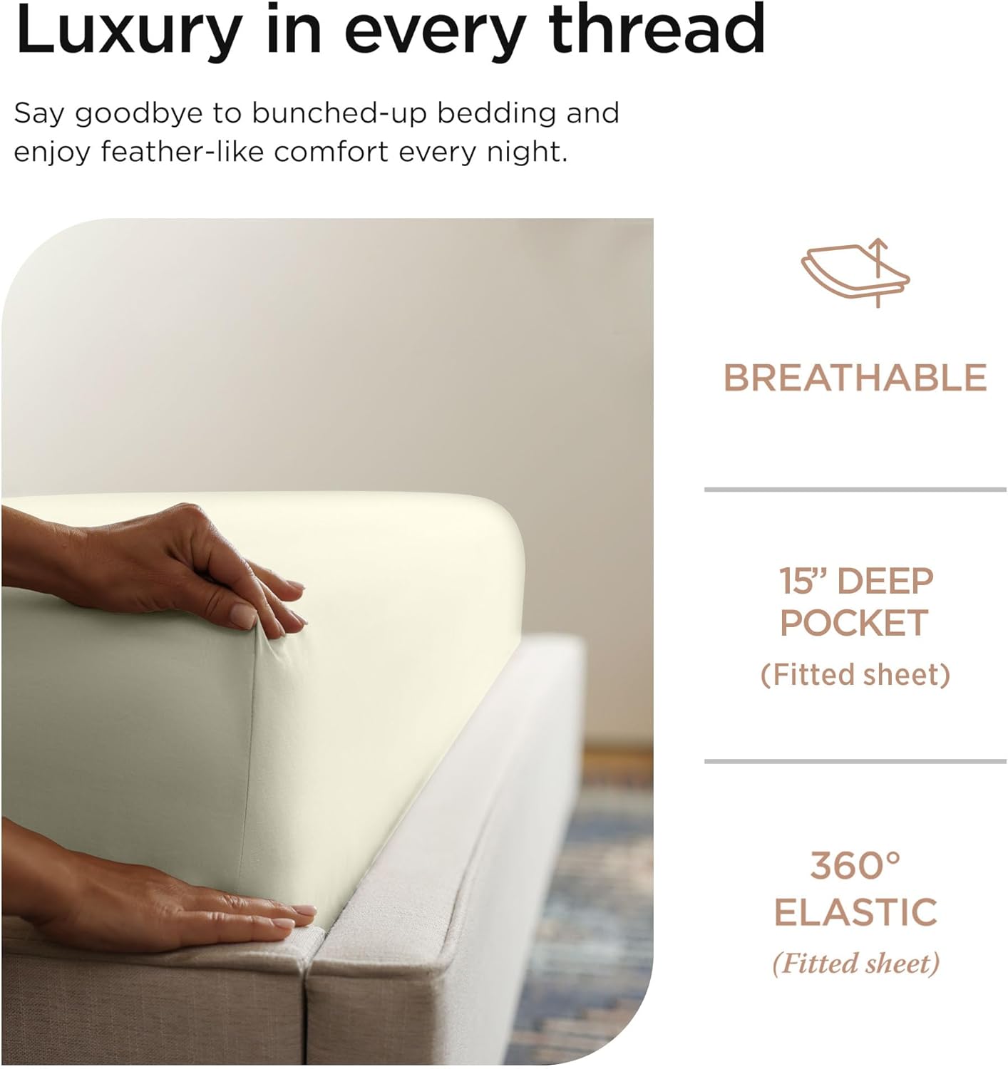 Threadmill 100% Cotton Sheets for Twin Size Bed - 600 Thread Count Twin Bed Sheets Set with 15” Deep Pocket - Sateen Weave 3-Piece Bedding Set with Cooling Effect, Ivory
