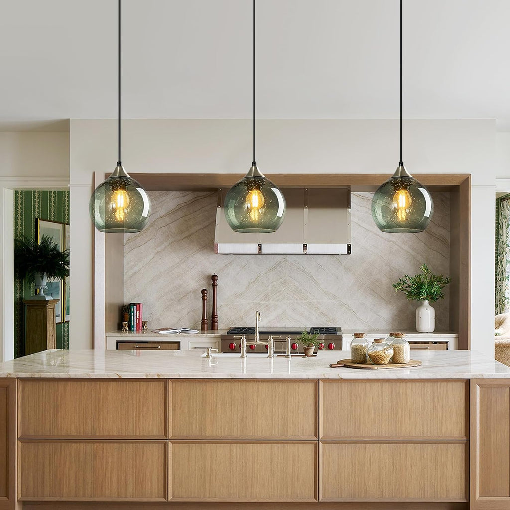Gray Green Glass Pendant Lights Kitchen Island Lighting Globe Pendant Light Fixtures Modern Pendant Lighting for Kitchen Island Bedroom Living Dining Room Light Fixture(5.9in, 2-Pack)