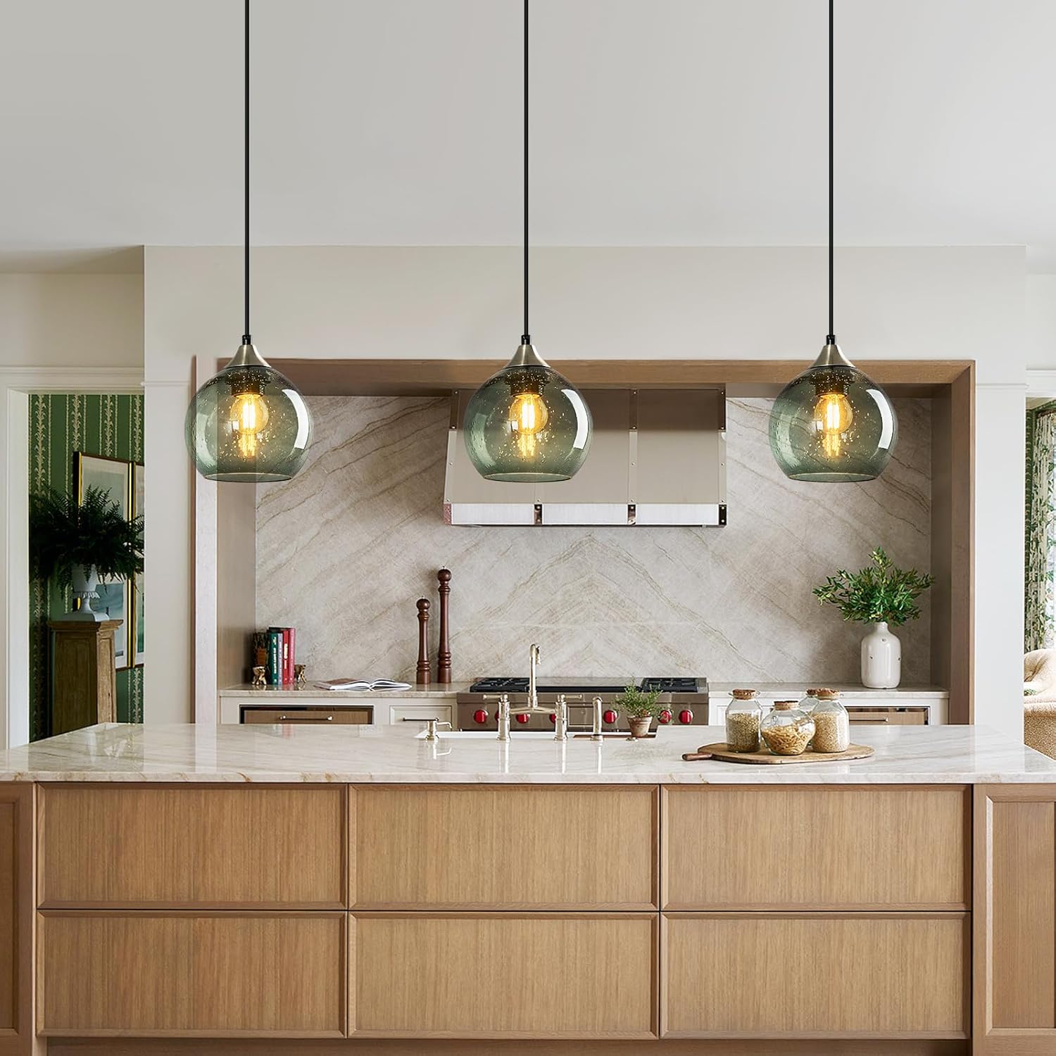 Gray Green Glass Pendant Lights Kitchen Island Lighting Globe Pendant Light Fixtures Modern Pendant Lighting for Kitchen Island Bedroom Living Dining Room Light Fixture(5.9in, 2-Pack)