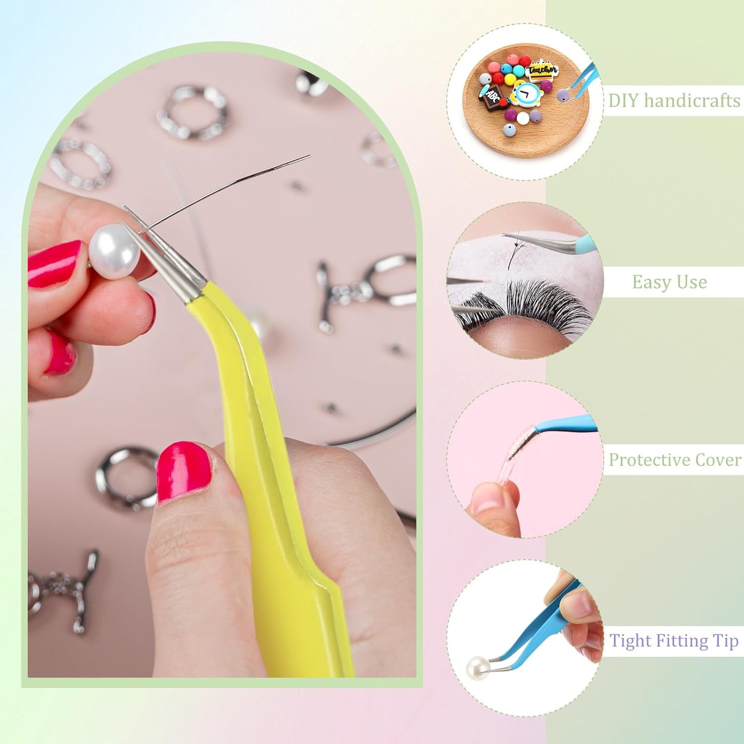 Honoson 9 Pieces Curved Pointed Craft Tweezers Stainless Steel Precision Tweezer with Protective Cover for Rhinestones Dried Flowers Craft Stickers Eyelash Extension Jewelry Making(Macaron Colors)