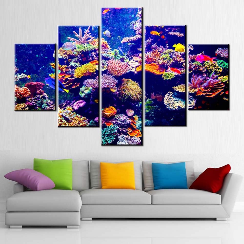House Decoration Living Room Coral Reef and Tropical Fish in Sunlight Picture Underwater Seascape Painting Contemporary Artwork Red Canvas Artwork Framed Ready to Hang Posters and Prints(60''Wx40''H)