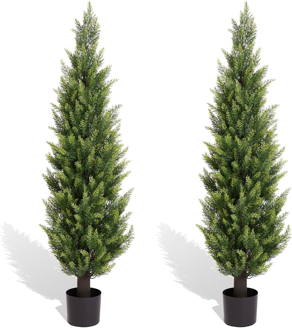 5FT Artificial Cedar Christmas Topiary Trees Set of 2 - Realistic Faux Cypress Plants UV Resistant for Outdoor Planter, Fake Bushes & Shrubs for Porch Front Door Outside UV Rated, 5 Feet Tall, 2 Pack