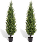 5FT Artificial Cedar Christmas Topiary Trees Set of 2 - Realistic Faux Cypress Plants UV Resistant for Outdoor Planter, Fake Bushes & Shrubs for Porch Front Door Outside UV Rated, 5 Feet Tall, 2 Pack