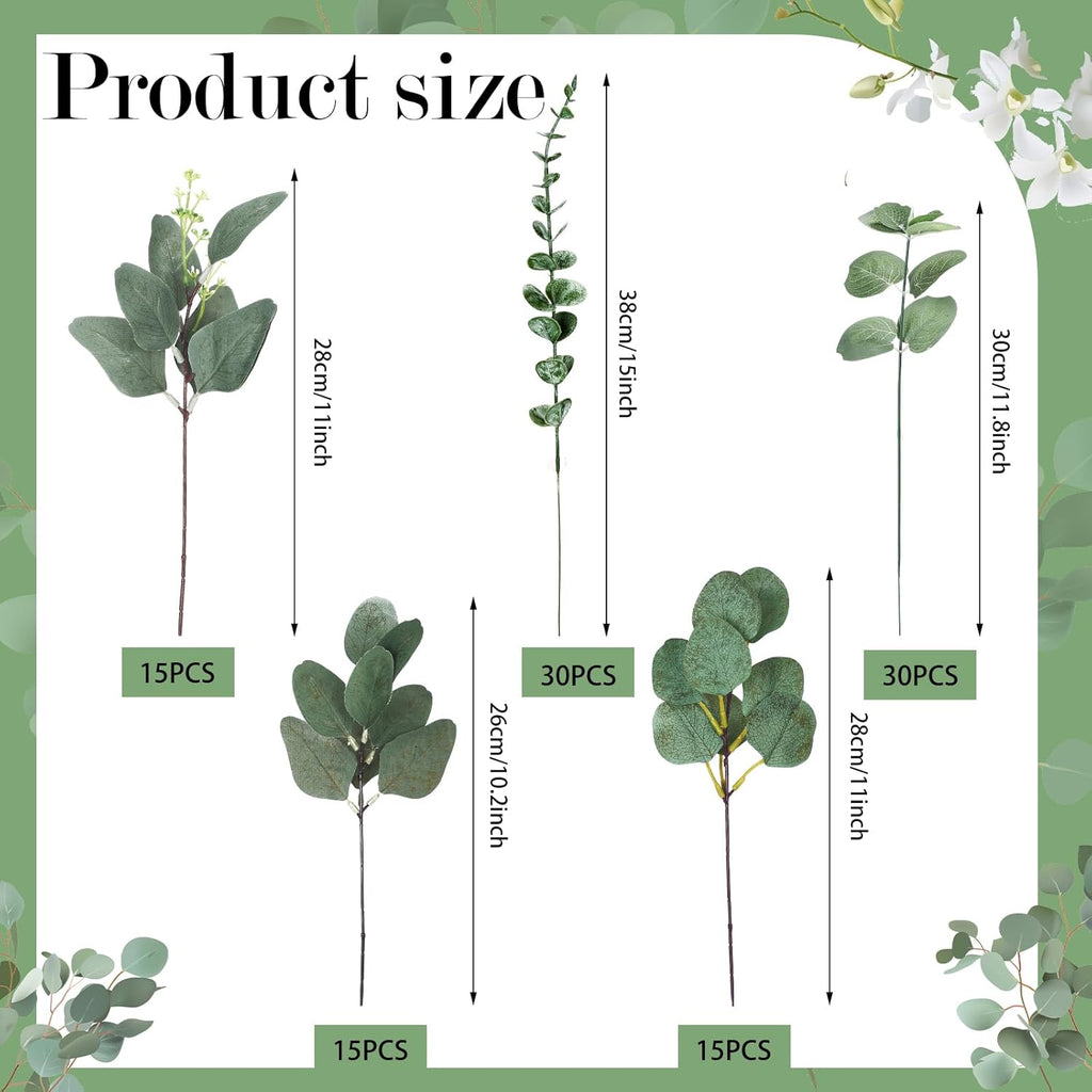 Ceenna 120 Pcs 6 Kinds Mixed Eucalyptus Leaves Stems Bulk Artificial Eucalyptus Leaves Sprays Silver Dollar Faux Greenery Picks Bundle for Wedding Vase Floral Arrangement Decor
