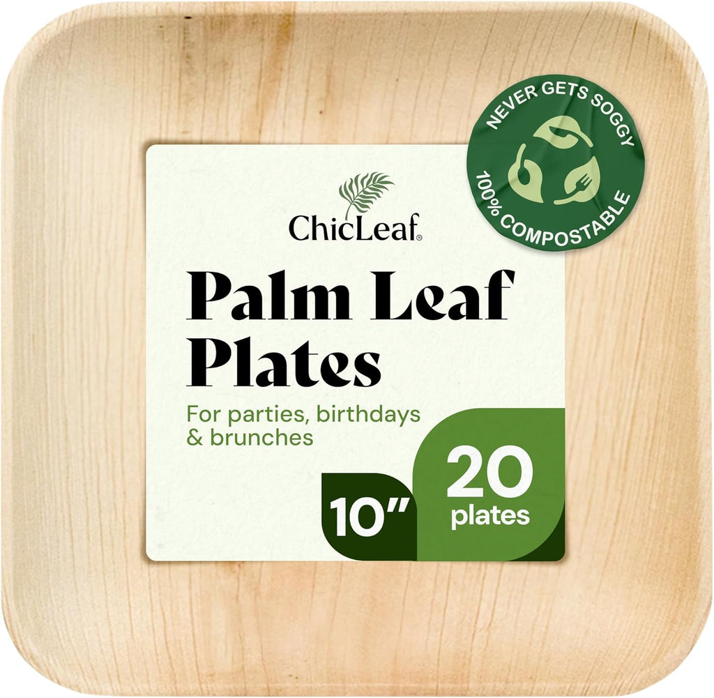 Chic Leaf Palm Leaf Disposable Bamboo Plates – Square, Biodegradable & Compostable Party Plates for Weddings, Parties & Events, Christams Dinner Turkey Meal Holiday - Disposable Platter (10", 20 Pack)