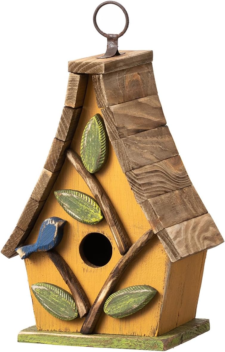 Glitzhome Bird Houses for Outside, Bluebird Houses for Outdoors, 9.5"H Hanging Bird House Decorative Solid Wood Birdhouse with Natural Wood Pallet Roof for Hummingbird,Sparrow,Wren Finch,Washed Yellow