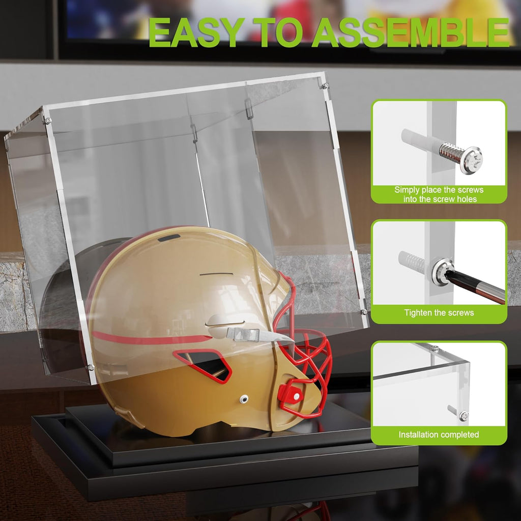 Putros Mini Helmet Display Case with Mirror and Black Metal Grooved Base Clear Acrylic Mini Football Helmet Showcase for Memorabilia Sports Collectibles