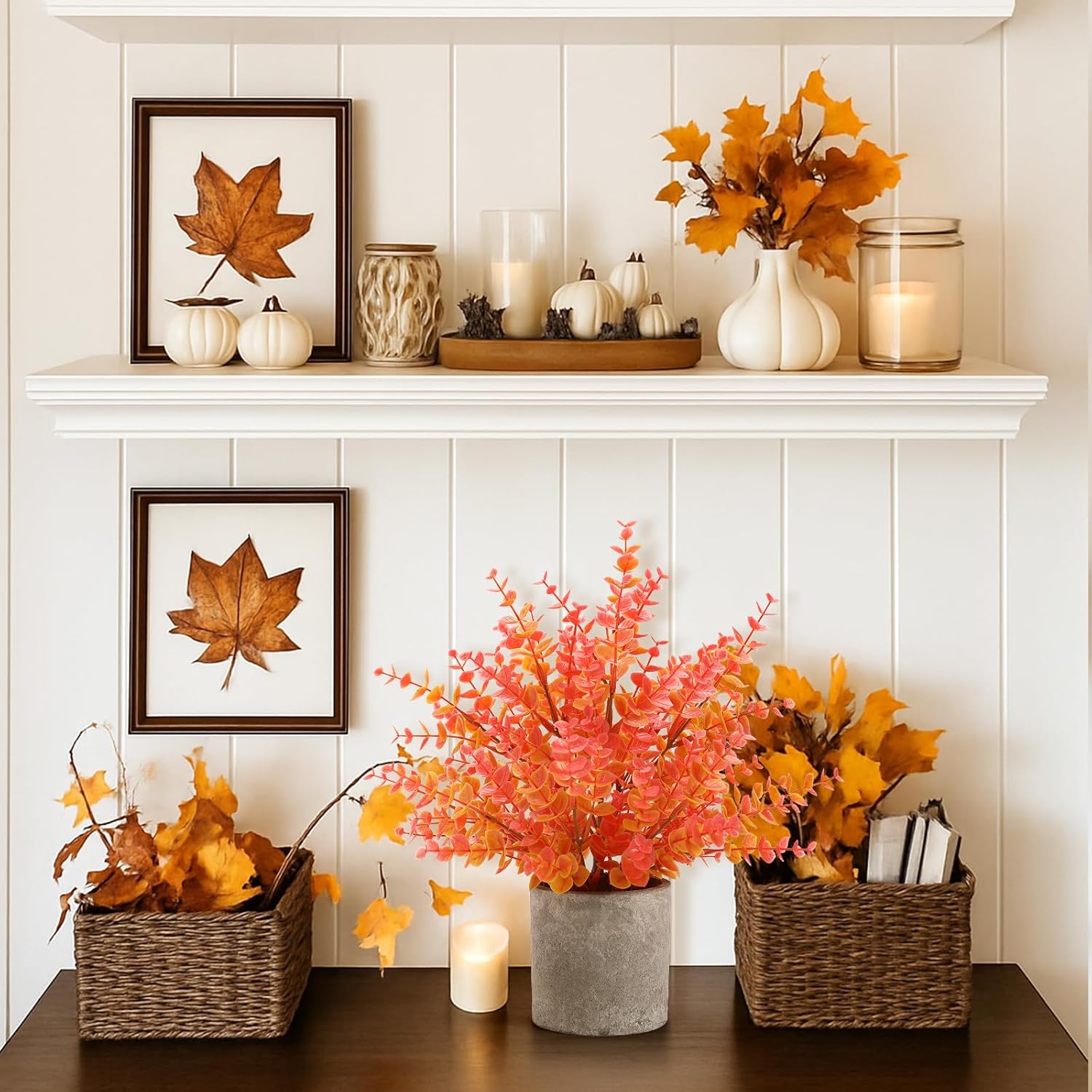 2 Pack Fall Small Fake Plants 14" Eucalyptus Potted Artificial Plants Fall Decorations for Home Shelf Office Bathroom Desk Farmhouse Room Coffee Table Decor Fall Decor (Fall Orange-Large)