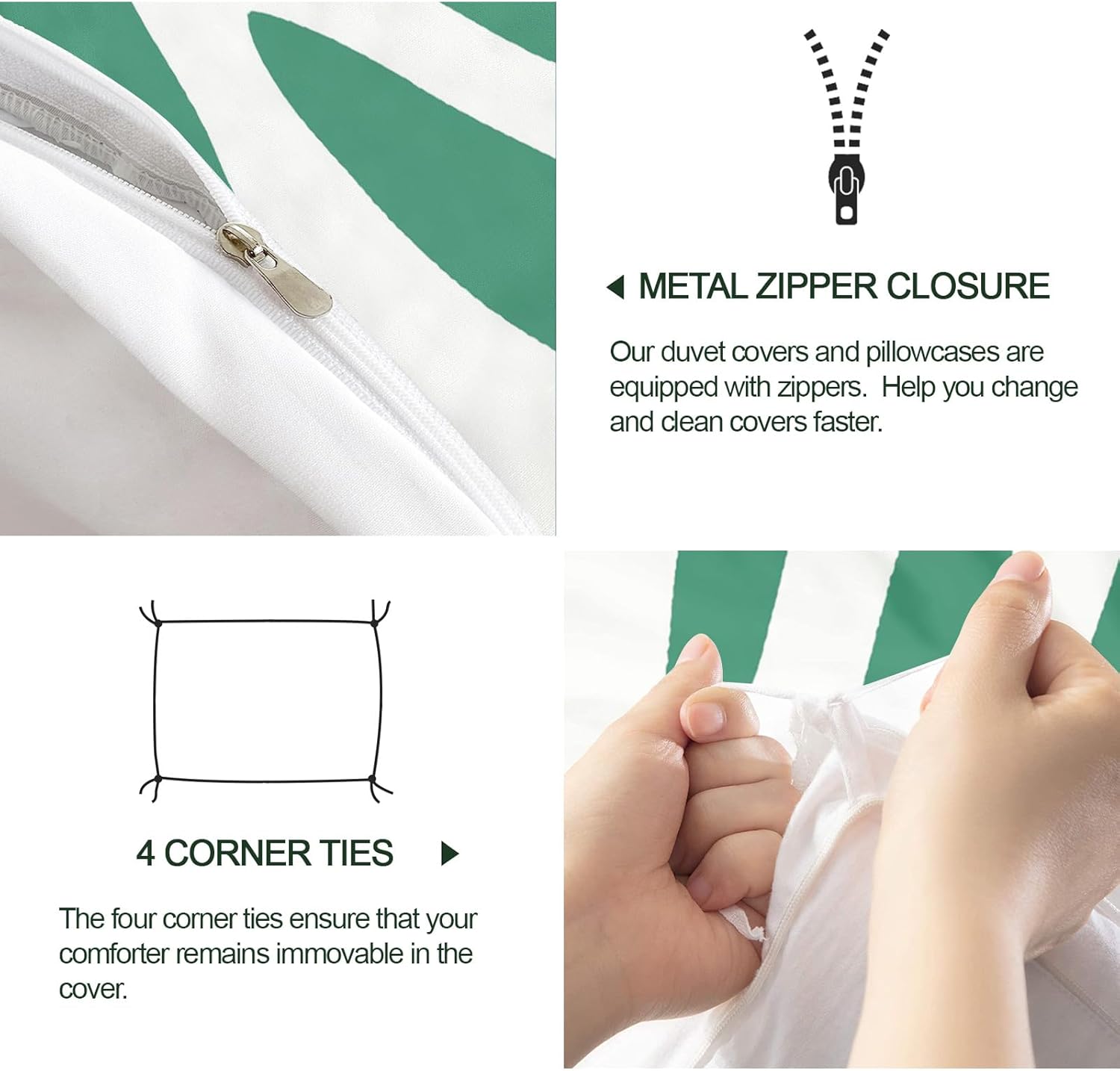Mint Green Zebra Duvet Cover California King, Waterproof Lines Bedding Set 3 Piece Bedroom Decor Zebra Stripe Comforter Cover and 2 Pillow Sham with Zipper Closure