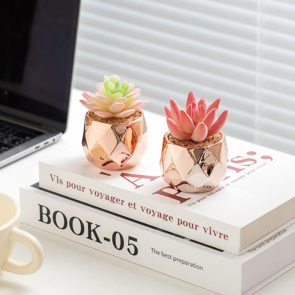 Tiita 4 Pack Artificial Faux Succulents in Pots, Mini Rose Gold Fake Plants for Women Desk, Small Realistic Faux Succulents for Home Office Accessories Window Sill Bathroom Bedroom, Rose Gold