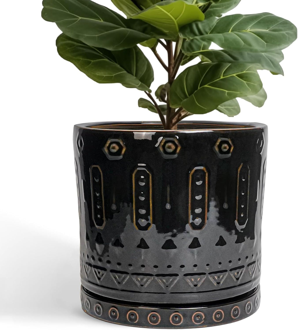 Ceramic Pots for Plants - 12 Inch Large Planter with Drainage Hole and Saucer, Ceramic Flower Pots for Indoor Outdoor, Boho Round Planter, Patio Decor, Gifts for Plant Lover, Black
