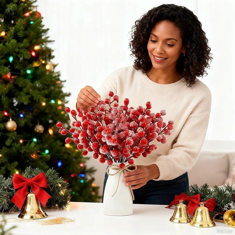 20 Pcs Artificial Frosted Holly Berry Stems, 12 Heads Faux Sprays Red Berries Snowflake Picks for Christmas Tree Ornaments Branches Fillers DIY Xmas Party Decor
