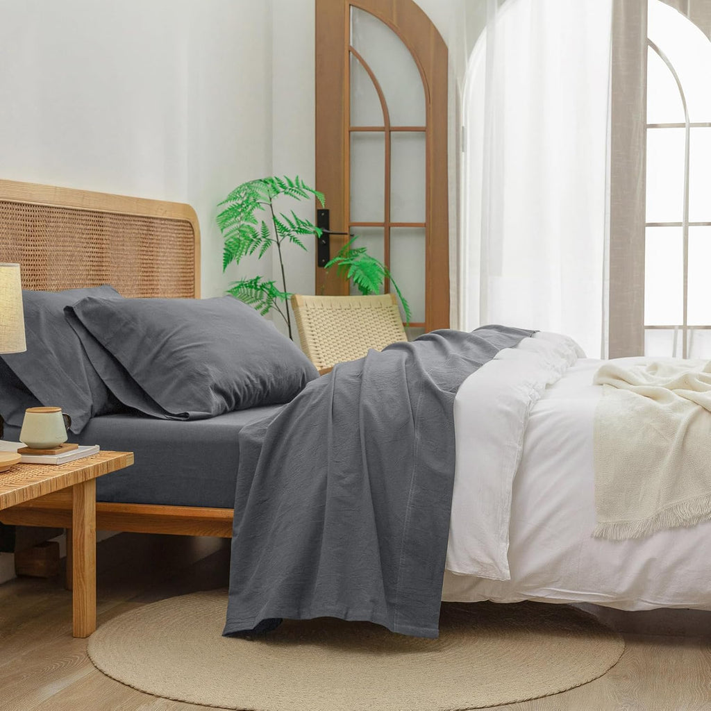 BESTOUCH Sheet Set 100% Washed Cotton Linen Feel Super Soft Comfortable Chic Lightweight 4 Pcs Home Bedding Set Solid Quiet Shade Grey Full