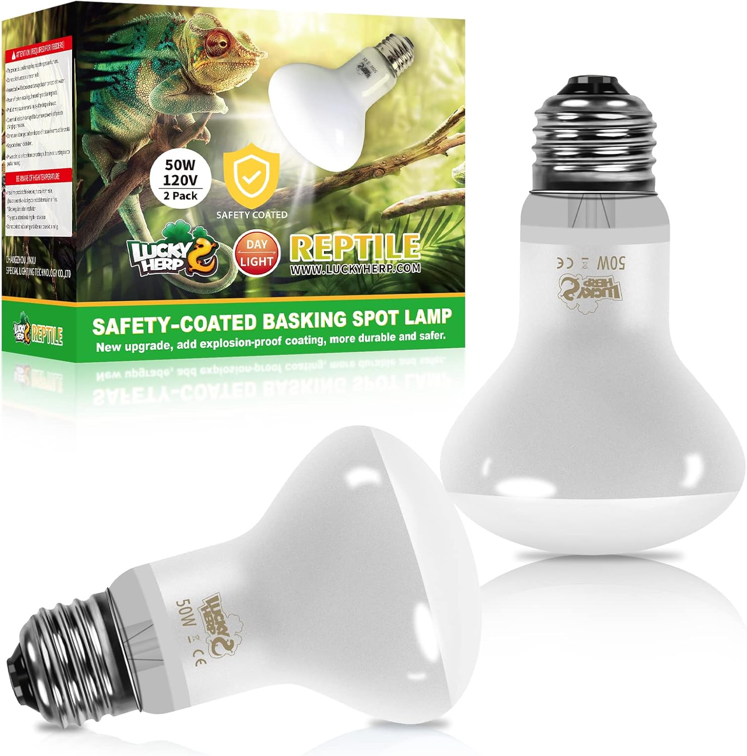 LUCKY HERP New Upgrade 50W Reptile Heat Lamp Bulb (3rd Gen, Safer), Amphibian Basking Spot Light Bulb, UVA Reptile Daylight Bulb for Turtle, Bearded Dragon, Lizard Heating Use (2 Pack)