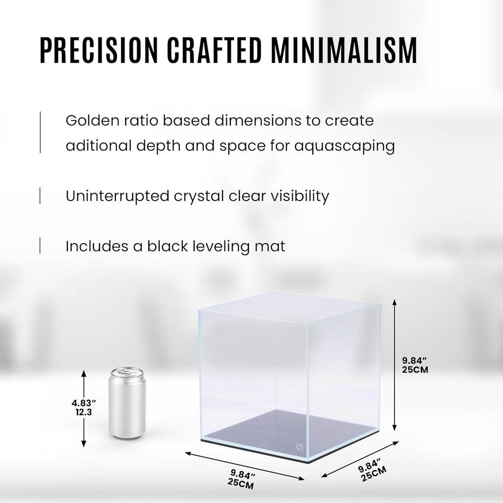 Ultum Nature Systems Ultra Clear Rimless Aquarium - Low Iron Glass Fish Tank with 45° Mitered Edges, 5mm-12mm Thick, Leveling Mat Included (25C, Cube, 4 Gallon)