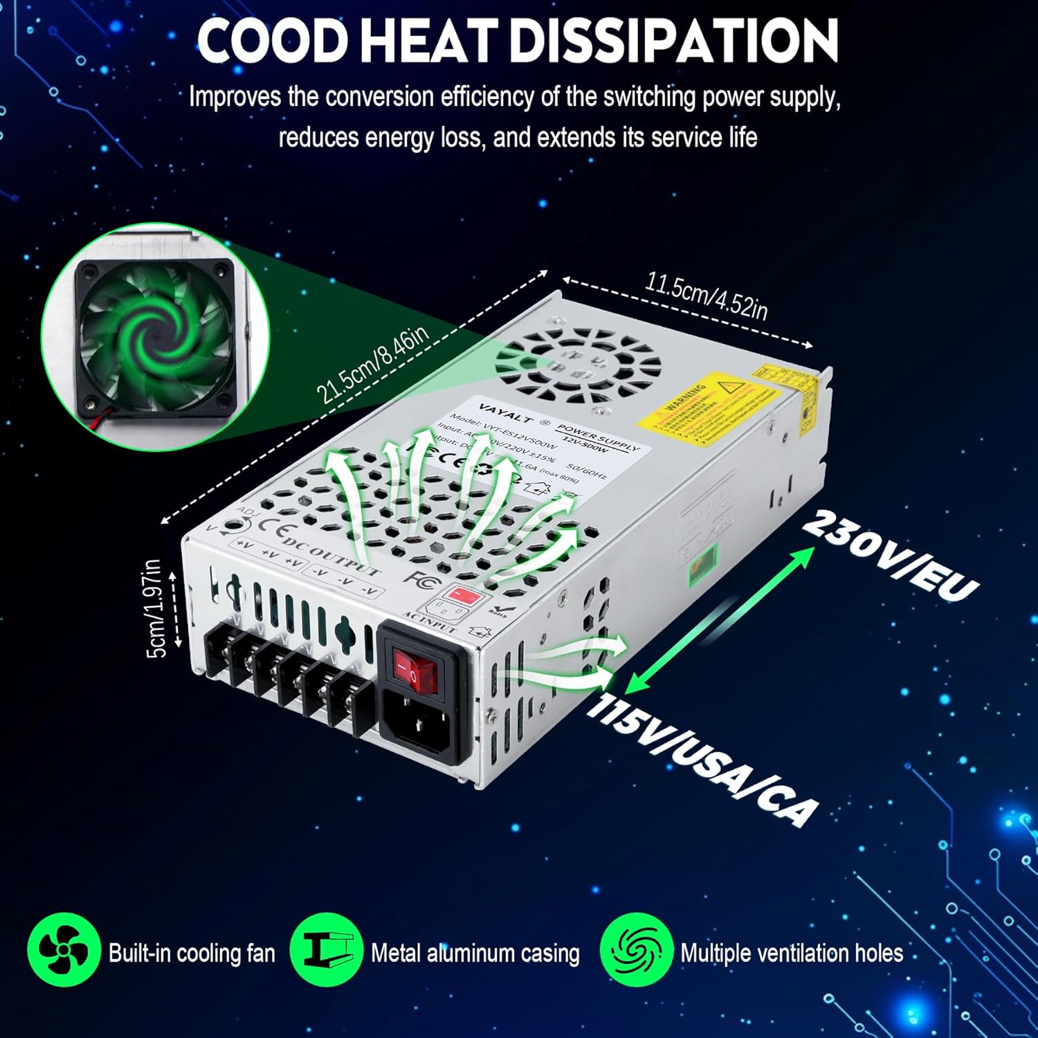 VAYALT DC 12V 41.6A 500W Switching Power Supply, 110V/220 V Power Supply AC to DC Converter, Universal Regulated Switching,12V Power Supply for CCTV Camera System,3D Printer,Led Strip,Computer Project