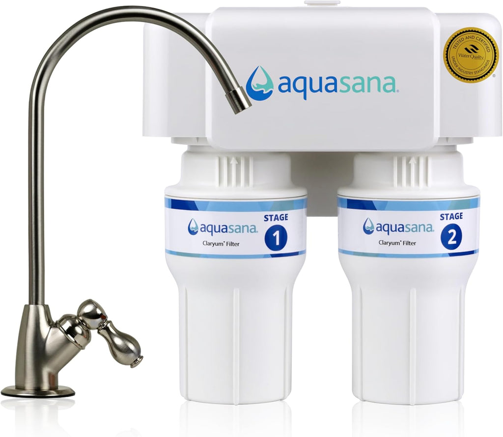 Aquasana Under Sink Water Filter | 2-Stage Filtration | Reduces up to 99.99% of PFAS, Lead, Chlorine, Cysts, & More | Under Counter Drinking Water Filter | Brushed Nickel Faucet | AQ-6200-BN