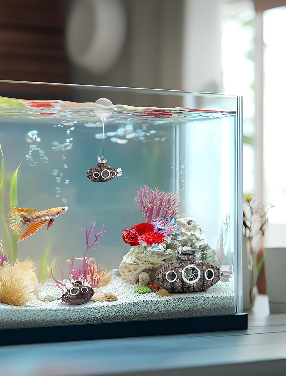 2.1 in Mini Floating Submarine Fish Tank Decoration, Safe Resin Aquarium Decoration for Betta Toys, Cichlid, Goldfish, Shrimps and Hermit Crabs, Cute Retro Underwater Fish Tank Accessories