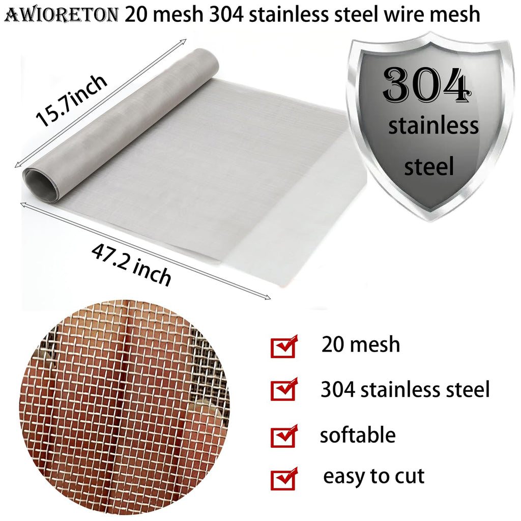 304 Stainless Steel Mesh Screen 20 Mesh Woven Wire Screen for Window Screen,Filter Mesh, Air Vent, DIY Projects, Cage, Garden, Roof Project 5.7"x47.2"(40x120cm)
